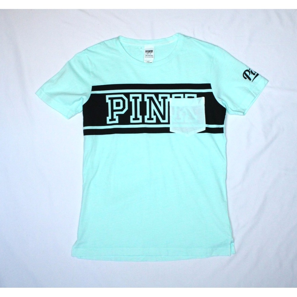 VICTORIAS SECRET PINK Campus "PINK" Pocket Round Neck Mint Green XS T-Shirt NWT